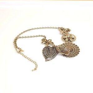 LD Layered Filigree Collar Necklace 17" Silver Tone Flower Leaf Textured Charms